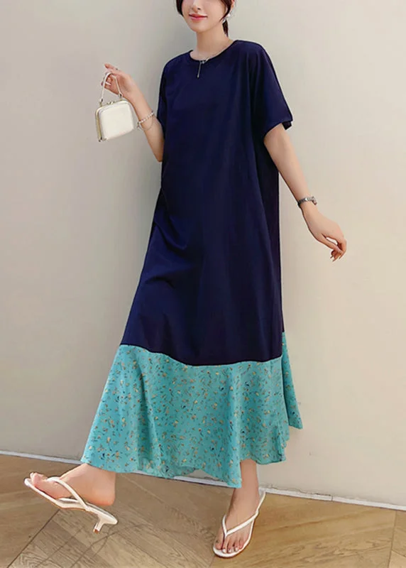 Fashion Navy Print Patchwork Fake Two Pieces Maxi Dresses Short Sleeve TT1041