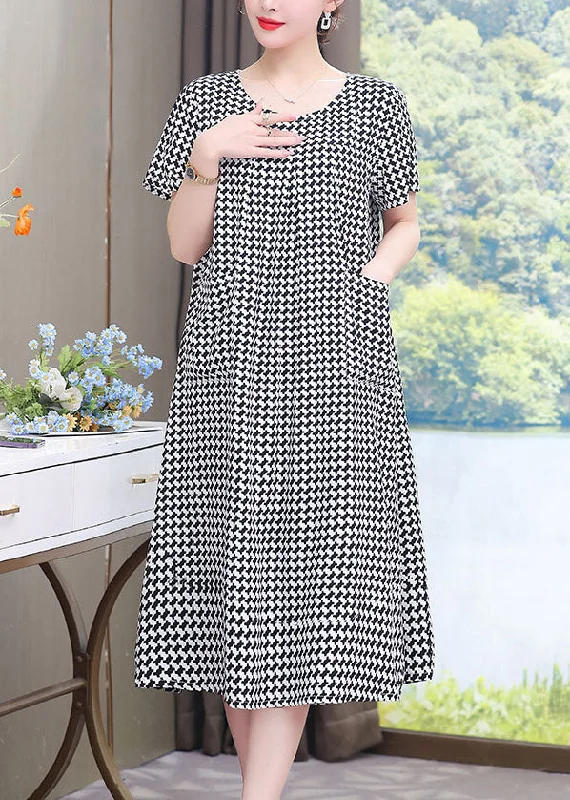 French Black O-Neck Plaid Patchwork Maxi Dresses Summer VB1052