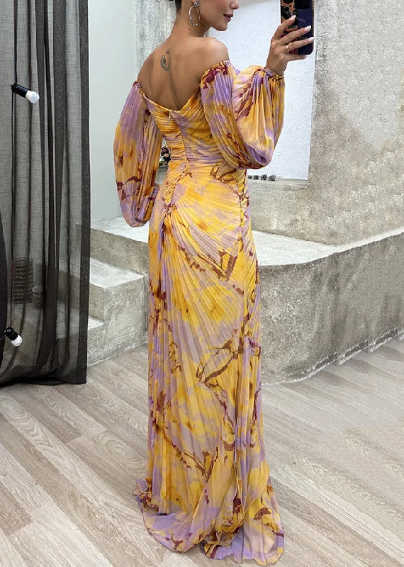 French Yellow Wrinkled Zircon Cotton Maxi Dresses Spring WW1054