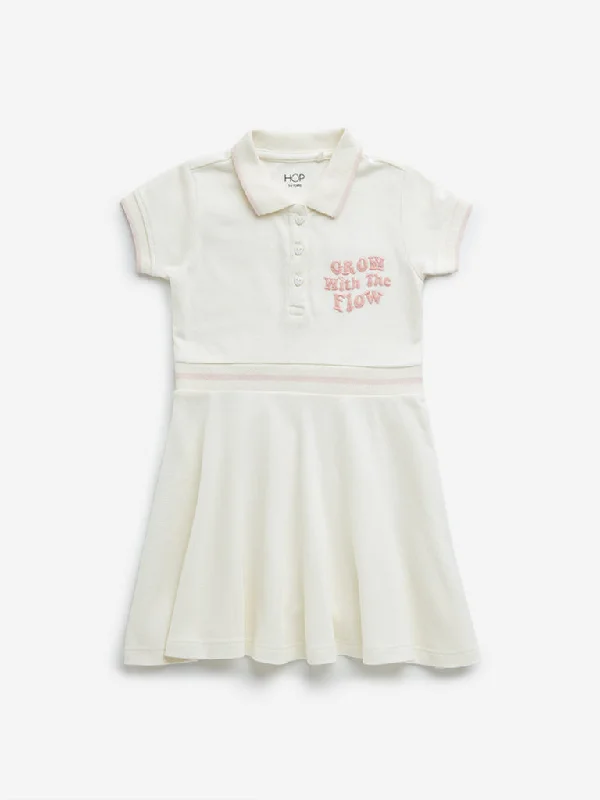 HOP Kids Ecru Text Embroidered Cotton Dress