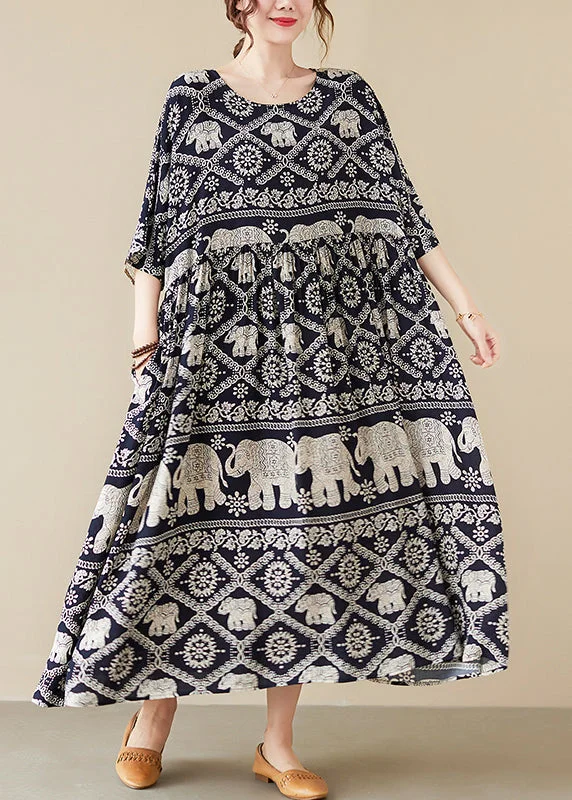 Loose Black O-Neck Print Maxi Dress Half Sleeve VB1010