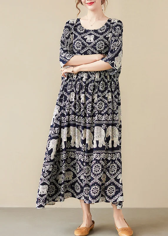 Loose Black O-Neck Print Maxi Dress Half Sleeve VB1010