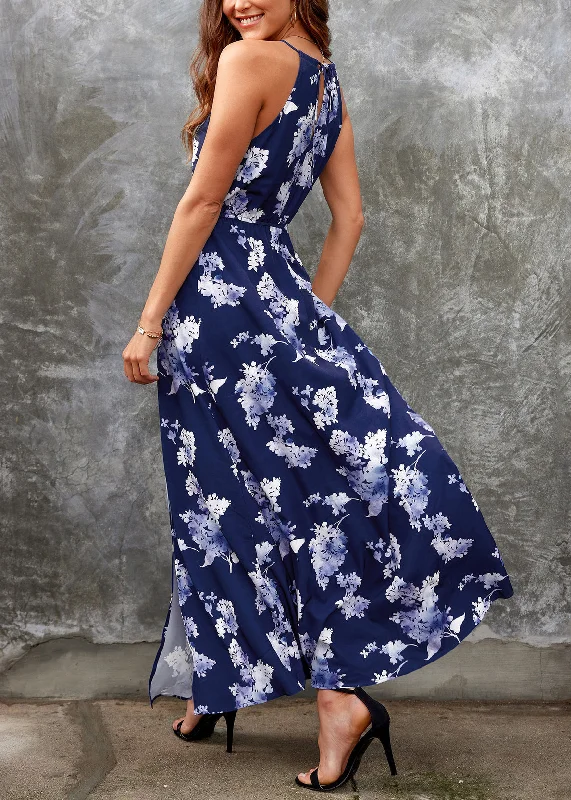 New Navy Side Open Print Cotton Maxi Dresses Summer WW1050