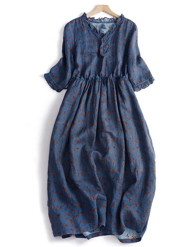 Vintage Navy Blue Ruffled Patchwork Print Drawstring Maxi Dresses Short Sleeve