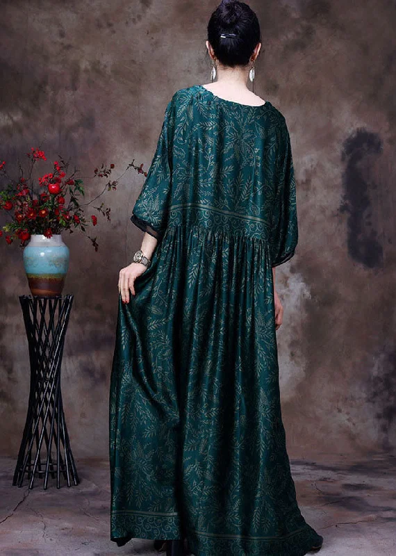 Women Green V Neck Wrinkled Print Silk Maxi Dresses Bracelet Sleeve