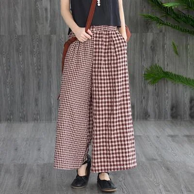 Elegant cotton silhouette  Vintage Cotton Linen Spliced Plaid Wide Leg Pants