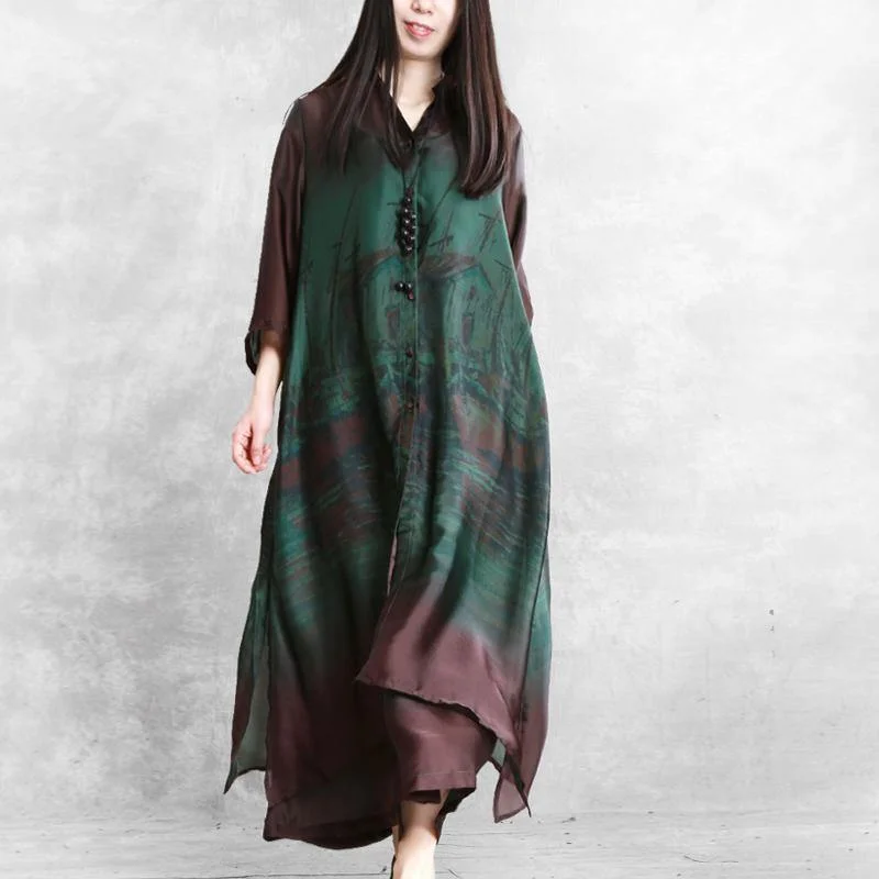 Elegant loose silk green print suit female 20 spring long literary shirt + wide-leg pants