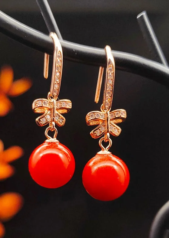 Elegant Red Sterling Silver Overgild Zircon Butterfly Ball Drop Earrings