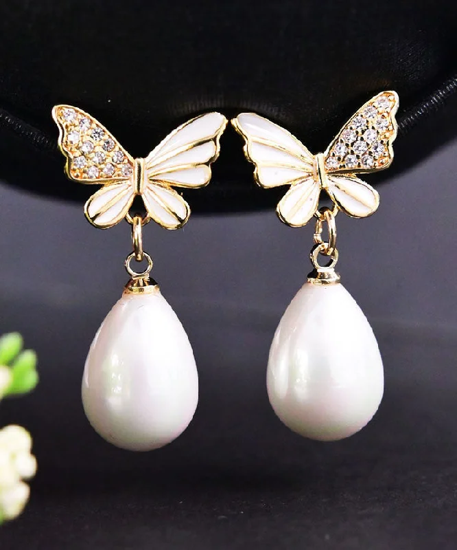 Fashion White Sterling Silver Zircon Butterfly Shell Water Drop Drop Earrings