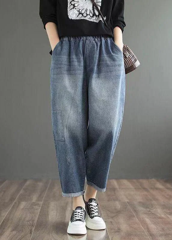 Fine Blue Elastic Waist Pockets Casual Harem Fall Denim Pants