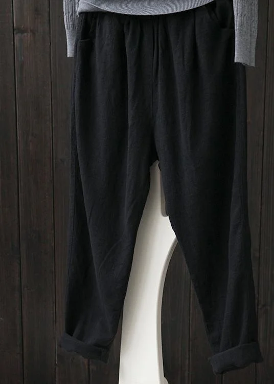 French Black Elastic Waist Linen Spring Pants