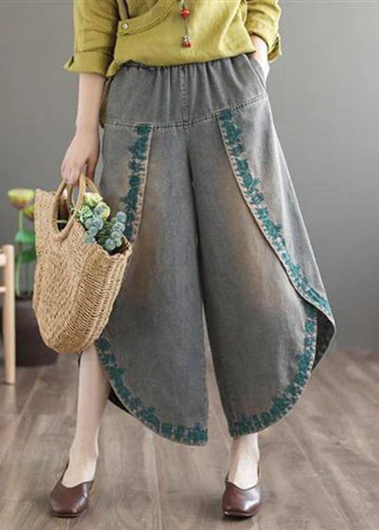 French Blue Pockets Embroideried Fall Denim Wide Leg Pants