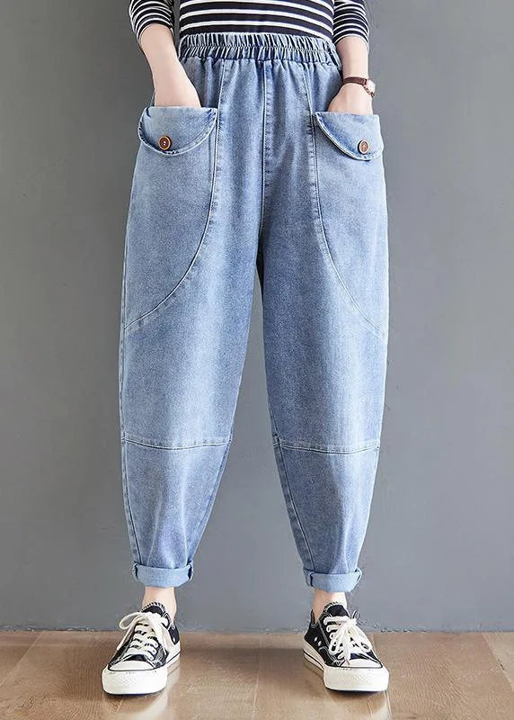 French Blue Women Pants Spring Elastic Waist Fabrics Wild Trousers