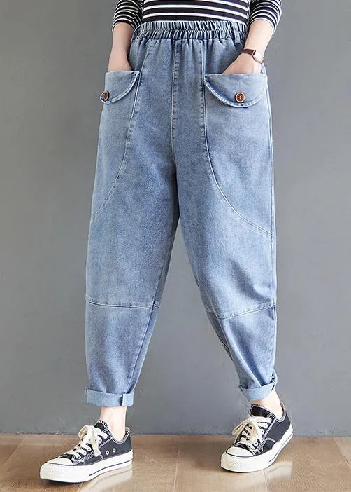 French Blue Women Pants Spring Elastic Waist Fabrics Wild Trousers