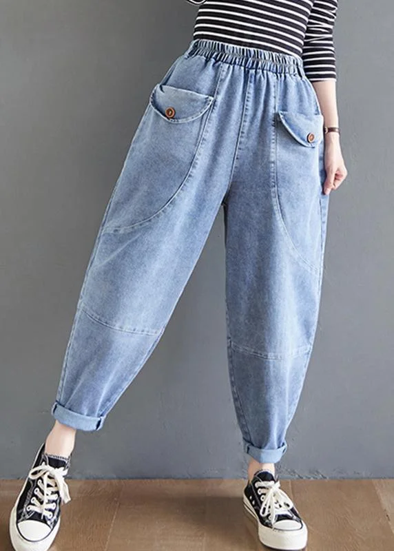 French Blue Women Pants Spring Elastic Waist Fabrics Wild Trousers