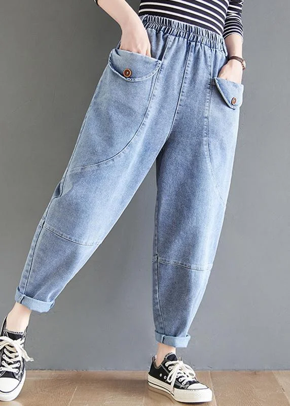 French Blue Women Pants Spring Elastic Waist Fabrics Wild Trousers