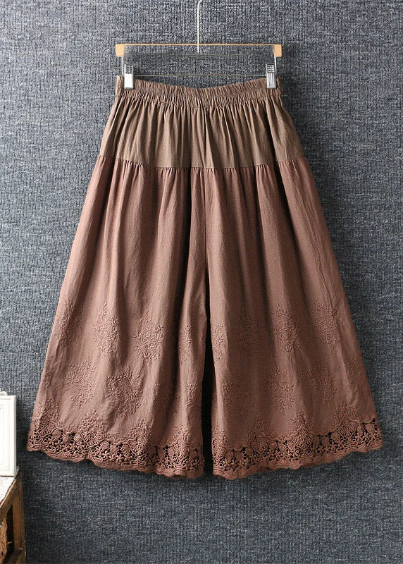 French Coffee Hollow Out Patchwork Elastic Waist Cotton Wide Leg Pants Summer