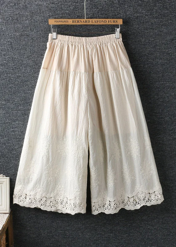 French Coffee Hollow Out Patchwork Elastic Waist Cotton Wide Leg Pants Summer