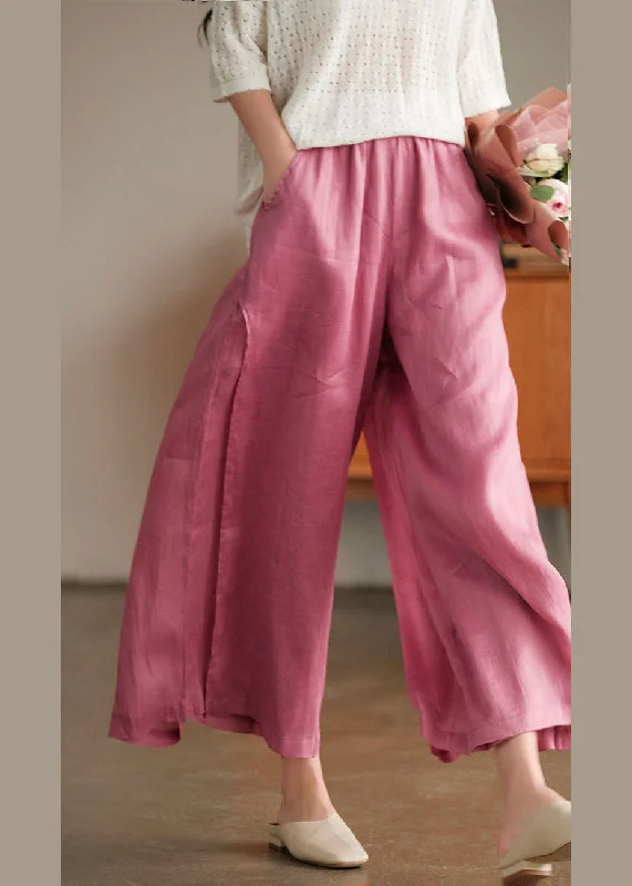 French Pink Elastic Waist Pockets Linen Wide Leg Pants Summer