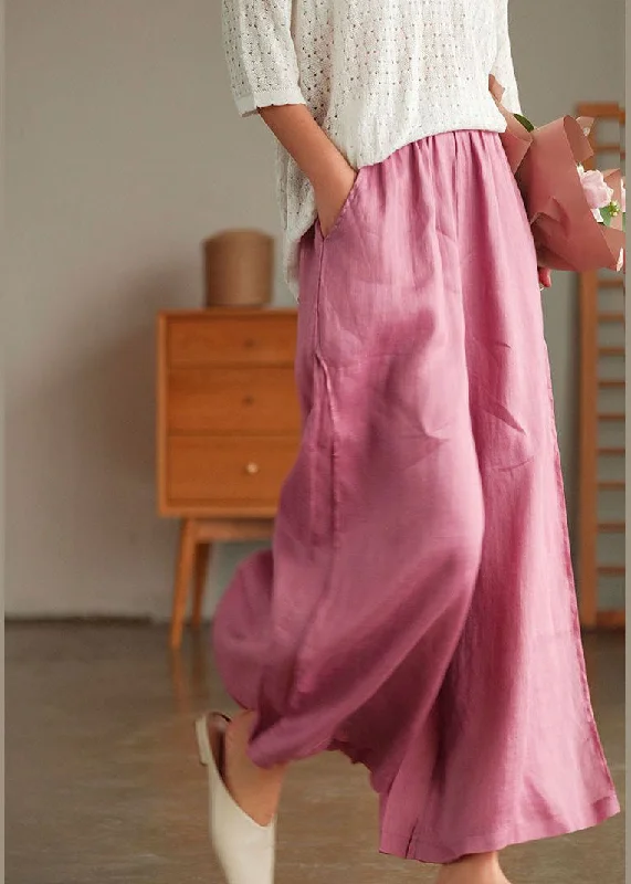 French Pink Elastic Waist Pockets Linen Wide Leg Pants Summer