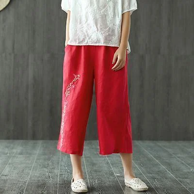 French Red Fashion Linen Embroidery Casual Wide Leg Pants