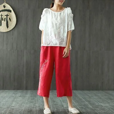 French Red Fashion Linen Embroidery Casual Wide Leg Pants