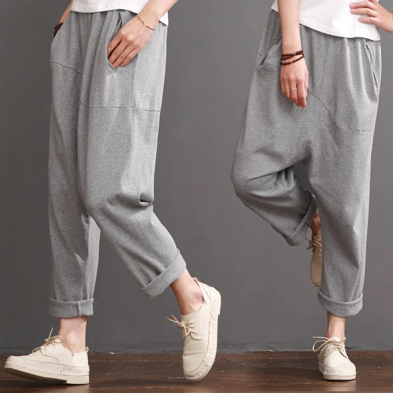 Gray casual pants women cotton crop pants