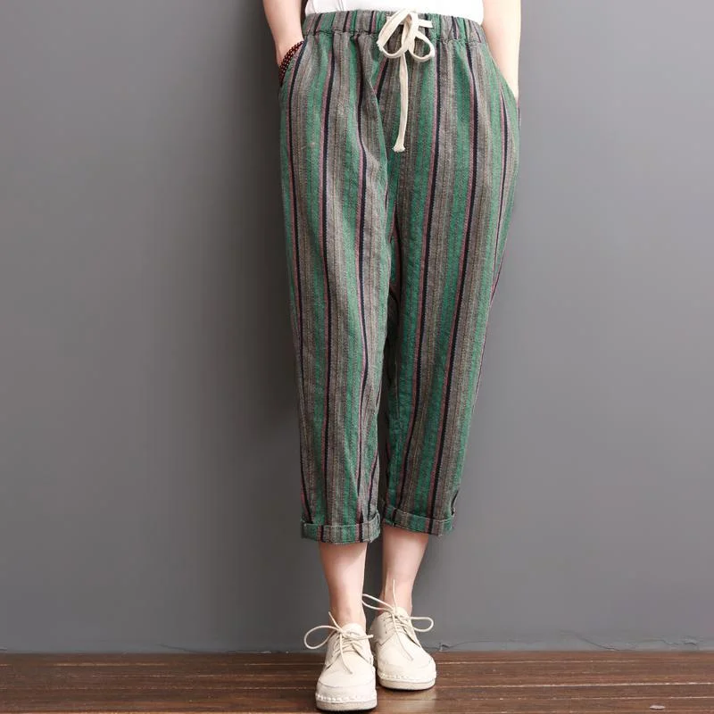 Gray striped sumemr linen pants women crop pants trousers