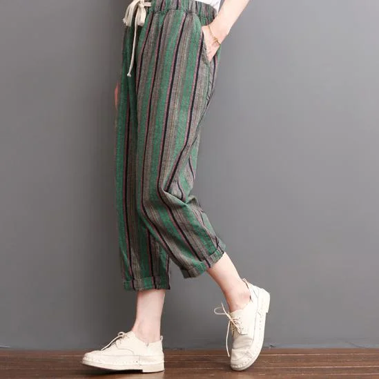 Gray striped sumemr linen pants women crop pants trousers