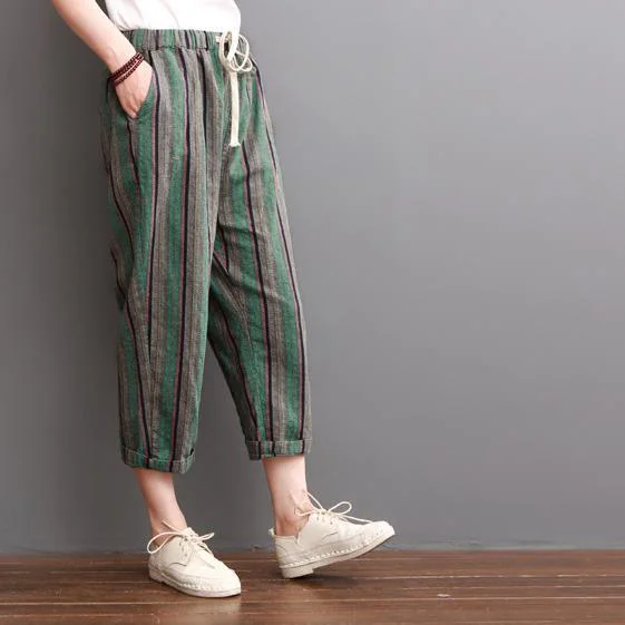 Gray striped sumemr linen pants women crop pants trousers