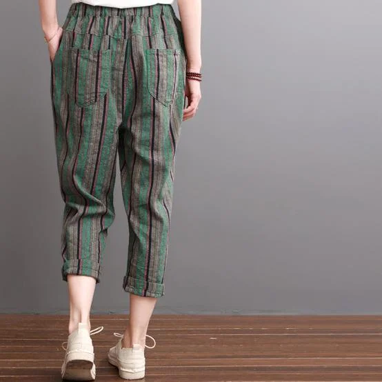 Gray striped sumemr linen pants women crop pants trousers