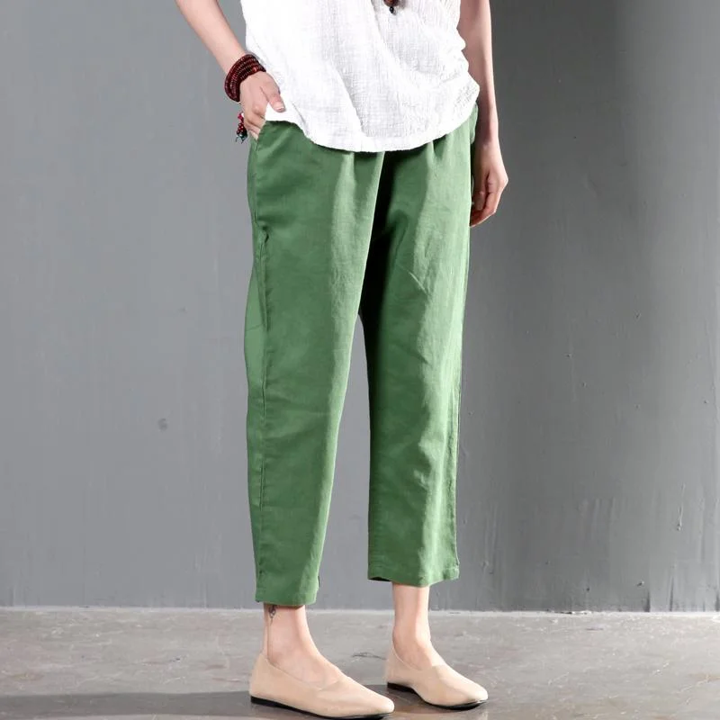 Green linen summer pants plus size women crop pants trousers