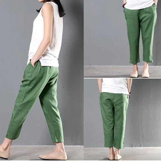 Green linen summer pants plus size women crop pants trousers