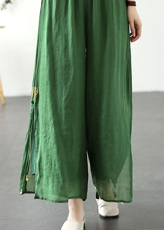 Green Patchwork Linen Wide Leg Pants Elastic Waist Side Open Summer