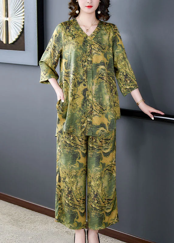 Green Print Pockets Silk Women Sets 2 Pieces Tops And Pants V Neck Summer