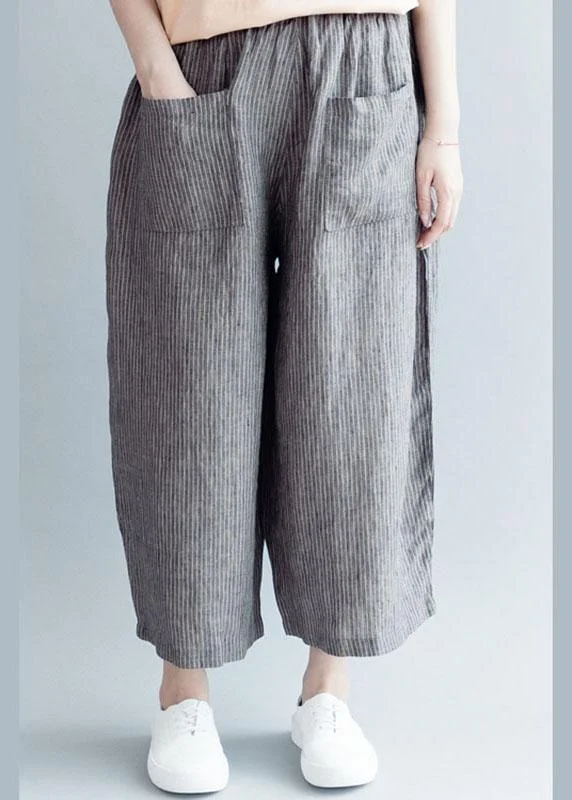 Grey Striped Pockets Wide Leg Fall Casual Pants