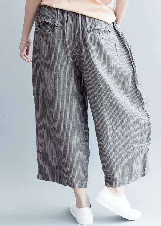 Grey Striped Pockets Wide Leg Fall Casual Pants