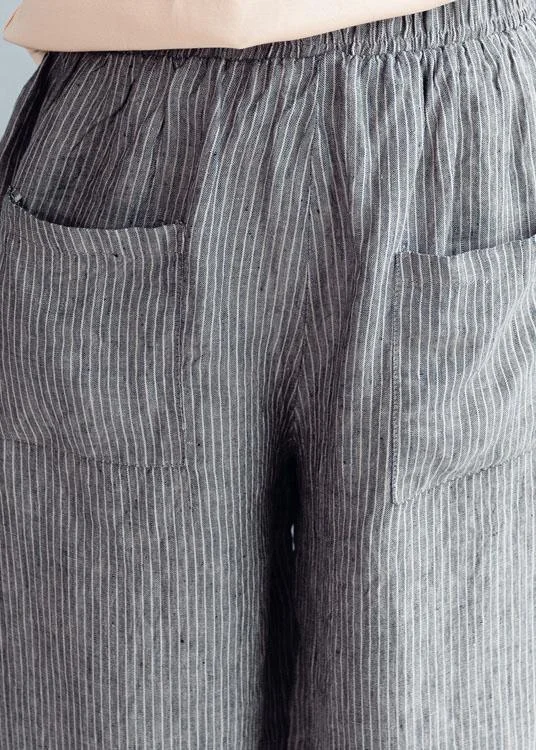 Grey Striped Pockets Wide Leg Fall Casual Pants