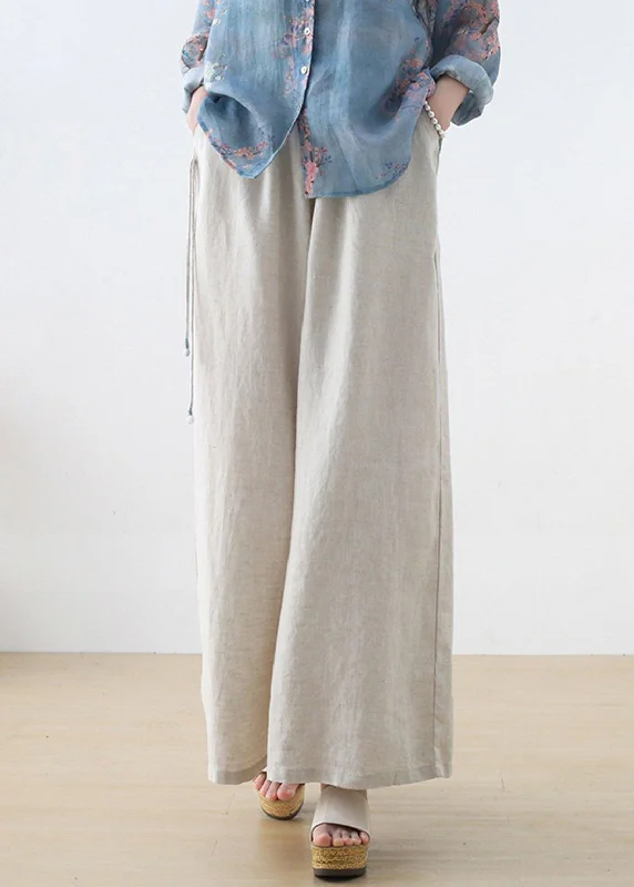 Handmade Beige Elastic Waist Wide Leg Linen Pants