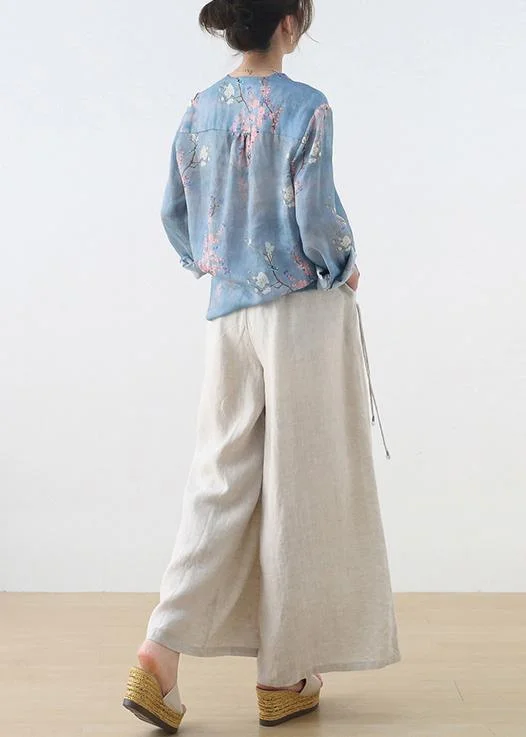 Handmade Beige Elastic Waist Wide Leg Linen Pants