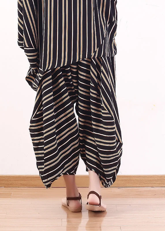 Handmade Black Asymmetrical Striped Chiffon Harem Pants Trousers Fall