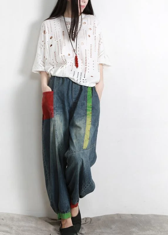 Handmade Blue Elastic Waist Patchwork Summer Pants