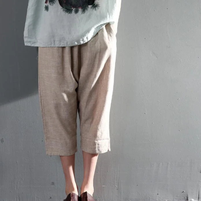 Khaki stylish linen summer pants palazzo pants crop trousers