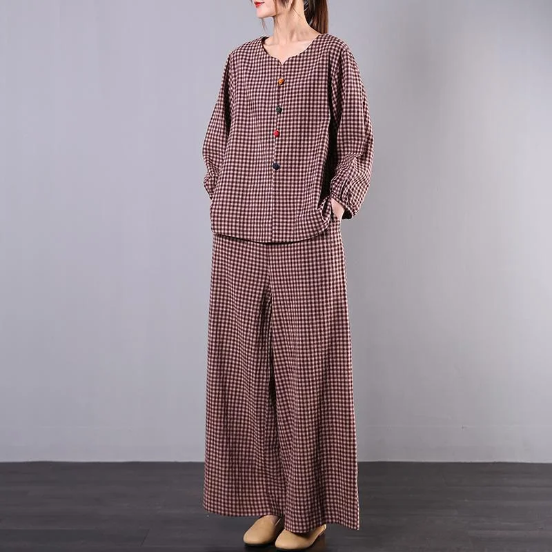 Literary spring loose and slightly fat wide leg pants red plaid cotton and linen