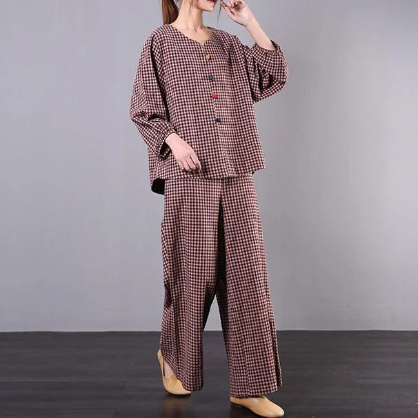 Literary spring loose and slightly fat wide leg pants red plaid cotton and linen