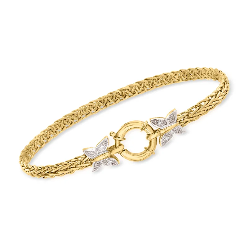 Ross-Simons 14kt Yellow Gold Butterfly Wheat Link Bracelet With Diamond Accents