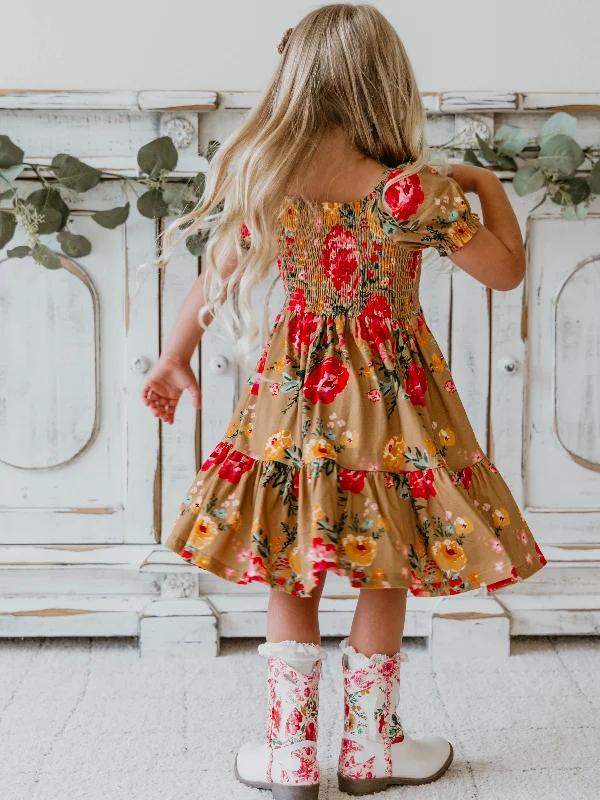 Puff Sleeve Dress - Fall Zinnias